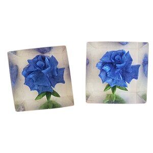 50s Lucite Reverse Carved Blue Flower Earrings Screwback‎ MCM 3D Mid-century